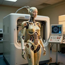 a mri 3 d printer machine and control panels in the laboratory inspection room making a cybernetic symbiosis, cybernetic mech biomechanical woman, organic ceramic fractal forms, golden hour lighting, film still from the movie directed by denis villeneuve with art direction by wayne barlowe and salvador dali, wide lens, f 3 2,