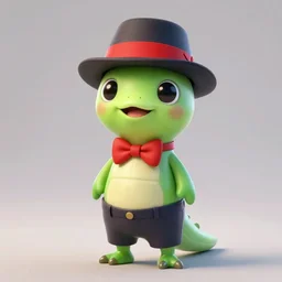 an anthropomorphic tadpole wearing shorts a bow tie and a hat with a red band, digital render made by Pixar