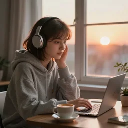 good morning, by alphonse mucha 1 8 9 6. girl with big headphones and cozy hoodie, laptop, hot coffee, window, sunrise