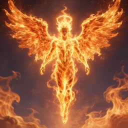 photo of angelic fiery male seraphim, male humanoid figure made of fire, wings of fire, halo of fire, body of pure fire, surrounded by flames, descending from the heavens, highly detailed, cinematic, dramatic, sublime, wide angle, photographic, realistic, 8 5 mm lens, style of daniel merriam, aaron horkey, alena aenami, jim burns, kelly mckernan