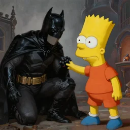 dark knight fighting Bart Simpson, high fantasy painting, realistic, rule of thirds, cinematic, dramatic lighting, 8K