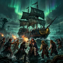 hyperrealistic panoramic shot of a battle between dracula untold army and supernatural davey jones crew aboard the black pearl ghost ship, hyper detailed. sailing into the swamps of tortuga, dark ominous lighting, northern lights, in the art style of pirates of the caribbean and artgerm, background by greg rutkowski, featured on artstation