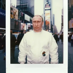 realistic!! vladimir putin in white spacesuit, in times square, very realistic, cinematic focus, polaroid photo, vintage, neutral colors, soft lights, by gregory crewdson