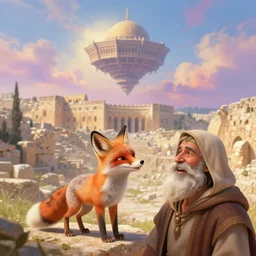 a adorable small fox in the huge ruins of the second temple in jerusalem at a distance, dreamy sky, the third temple hovers quietly hiding in the sky above, in the foreground we see a man in a hooded tunic and a long white beard laughing very colorful painting 8 k trending on art station, intricate superb details, digital art, very very very realistic, cinematic lighting, volumetric lighting, photographic, blur bokeh defocus dof sky by afremov.