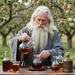 beautiful professional photograph of a wizard with a very long white beard, brewing brewing!!!, potions!!!, elixirs, potions!!! potions, in an apple orchard