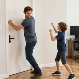 Dad kicks door and asks his gamer son if he is winning