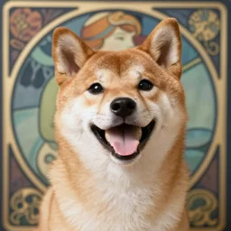 portrait of happy laughing shiba inu with a background in the style of mucha. detailed, ornate, watercolor