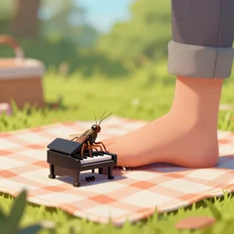 a cricket playing a tiny piano on top of a picnic blanket about to be crushed by a giant human foot, low field of view, blurry background, digital art, artstation