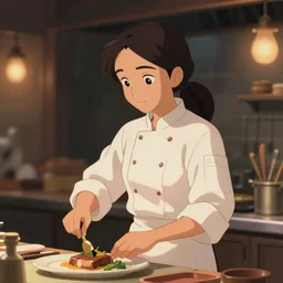 animation still frame of an attractive female chef ( long dark hair tied in a ponytail ) cooking a meal, closeup portrait, ( ( wholesome, ) ) blurry background of the kitchen of a highend restaurant, bloom, medium shot, waist up, dramatic lighting, in the style of studio ghibli, j. c. leyendecker, greg rutkowski, artgerm