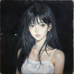craig mullins painting of an anime woman, direct flash photography at night
