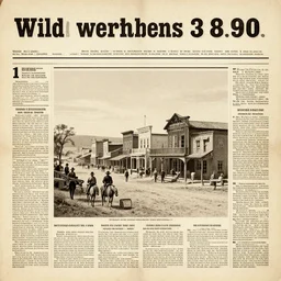 a wild west town, 1 8 9 0 s, book print, old newspaper style
