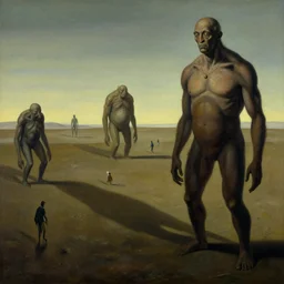 haunting surreal landscape masterpiece painted by salvador dali yves tanguy perfect composition bizarre disturbing small people in the distance large mutant humanoid forms in the foreground very detailed cast shadows dramatic lighting