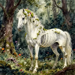 highly detailed watercolor, white skeleton horse, anatomical, forest, decay, darksouls, bloodborne, nostalgia for a fairytale, magic realism, the mane and tail are made of moss and flowers, mysterious, vivid colors, by charles vess, anato finnstark, cinematic lighting, beautiful face by leyendecker