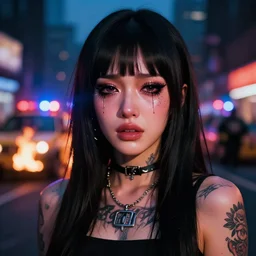 portrait of a streetwear anime style woman wearing thick mascara, crying, a city on fire in the background, police lights shine on her face, tattoos, dark glitter, Cinestill 50d, 4k, 8k, hd, full color, octane render, trending on artstation, highly detailed