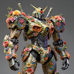colourful vfx art - portrait of army mecha robot wrapped in flowers & vines, art by utagawa kunisada & james jean, volumetric light, ray tracing, sharp, detailed, digital painting, illustration, highly detailed, intricate detail, unreal engine, octane render, global light, pinterest, behance, art station,
