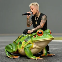 singer pablo vittar riding a frog, picture, detailed, realistic