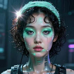 facial portrait of a korean dystopian android with mint smeared makeup, candy skin, wet curly hair, base cap, sugar tears, a dark cyberpunk background, lens flare, rain, deep focus, d & d, intricate, elegant, highly detailed, photo, 9 0 s, artstation, blade runner, 8 k, sharp focus, octane, unreal engine 5, global illumination, radiant