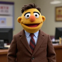 a still if dwight schrute with brown suit as a muppet in the office. highly detailed felt. hyper real photo. 4 k.