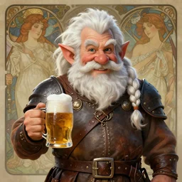 a portrait of a dwarf with white beard in a big single braid, white ponytail hair, leather armor, holding a beer, smiling, very detailed, amazing quality, stunning, by rebecca guay and alphonse mucha and ilya kuvshinov, artstation, pixiv, digital art,
