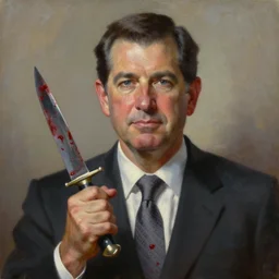 portrait of ted cruz with a knife as the zodiac killer bloodied, an oil painting by ross tran and thomas kincade