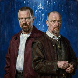 portrait of walter white and saul goodman from breaking bad, background with blue crystals raining from above, detailed oil painted by albrecht durer, classic pose, medieval dressed