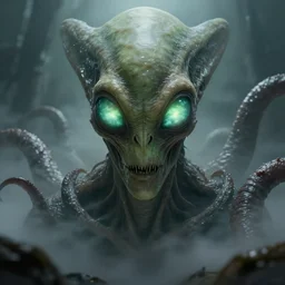 grotesque alien with long forehead. green semitransparant cloudy lightly glowing eyes. high quality photorealistic octane render 4 k, hyperrealism, volumetric fog, scary, unnerving, serious, dark, fear, concept art of chris foss, trending on artstation, symmetric, horror, gigantic kaiju looking down worms - eye - view