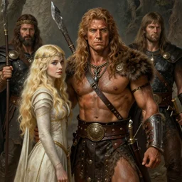 kirk douglas as a barbarian, with a beautiful fantasy maiden, dungeons and dragons, masterpiece by edgar maxence and ross tran and michael whelan, gustav dore, 8 k, octane render