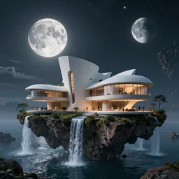 a futuristic modern house, on a floating rock island, alien planet covered in water, multiple waterfalls, multiple moons glowing, stars, frank gehry,