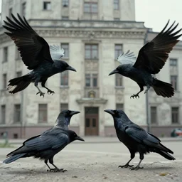 battle if crows in a soviet building, hyperrealistic film still by edward hopper, by gottfried helnwein, by klimt, by paolo uccello, art nouveau, highly detailed, strong lights, liminal, eerie, metaphysical, bright pastel colors