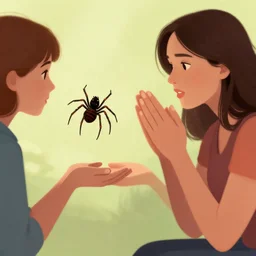 a spider that is begging a woman for food, digital art