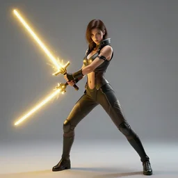 cyberpunk woman wields massive golden glowing lightsaber soulsword