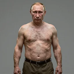 Detailed portrait of Vladimir Putin close to reality 2022, in game style 8k wearing only pants with bare torso, his body is old and ugly with sagging old skin,