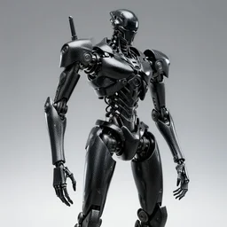 skeletal black mecha (carbon fiber) cyberpunk 2077 long limbs black panels reflective. Skeletal face android face one eye ((glowing_red_eye)) exposed wiring cable wire harness RTX On UE5 Artstation Bladerunner 2049 scene