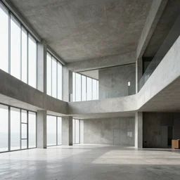 eco brutalist interior with high celing and big windows, highly detailed, excellent composition, dramatic lighting, photography, 3 5 mm, kodak film