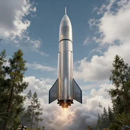 majestic rocket, clouds, tall trees, octane render, volumetric, unreal engine