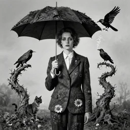 photographic portrait max ernst sad woman crow feathers, melting, floral, wearing a suit, holding an umbrella and a cat, spiraling tree, cigarette smoke, editorial