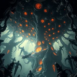 a terrifying artwork of an intricate hornet hive of galactic proportions, complex structures, spacecraft trapped in it, darkness, satanic fractals, hazy, volumetric lighting, very detailed, horror, washed out colors, photorealistic, master level composition, raytracing
