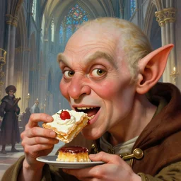 closeup profile face portrait of a medieval goblin eating cakes in the cathedral, hyung tae and frank frazetta, hyper realistic, artstation, illustration, digital paint, matte paint, vivid colors, bright, cheerful, detailed and intricate gothic environment