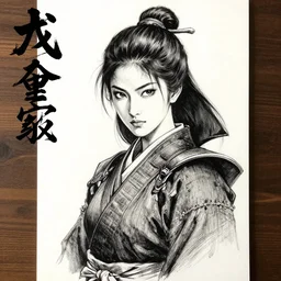 a portrait of female indian samurai, realistic drawing ink, tsutomu nihei, cover art