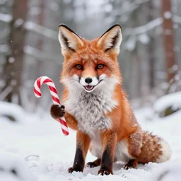 fox animal holding a candy cane and smiling, set in a snowy forest