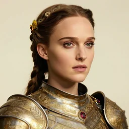 head and shoulders portrait of a female knight, young natalie portman, celtic hair braid with flowers, golden etched armor, ruby amulet, lord of the rings, eldritch, by artgerm, alphonse mucha, face detail, etched breastplate, sharp focus, high key lighting, vogue fashion photo