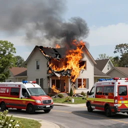 a photo of a house burning down while surrounded by emergency vehicles in the background and barack obama with an eerie smile in the foreground, strong depth of field