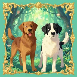 two labradors, one brown tan domino one black white markings, pointy ears, fanart ornate fantasy ori and the blind forest cover style official behance hd artstation by jesper ejsing, by rhads, makoto shinkai and lois van baarle, ilya kuvshinov, rossdraws pastel vibrant