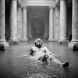 movie still of socrates frozen in a gigantic marble hall flooded with water, cinestill 8 0 0 t black and white, by andrei tarkovsky, by piranesi, by magritte very heavy grain, high quality, high detail, ultra wide lens, sharpness, flares, anamorphic, foggy, mud, rain
