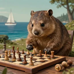 wombat playing chess in pringle bay in style of goya