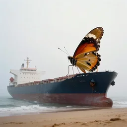 in the misty morning, a giant butterfly perches on a huge cargo ship stranded on the sand, by moebius