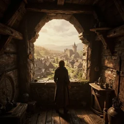 delicious view from standing inside the interior dingy wooden castle tower looking out at the medieval village below atmospheric unreal engine hyperreallistic render 8 k concept art masterpiece screenshot from the video game the elder scrolls v : skyrim moody orange 2 7 0 0 k global illumination