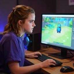emma watson playing among us the game on a computer