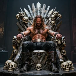 wide angle of jason momoa without shirt as lobo of dc comics, red eyes, scowling grin full body shot, sitting on an angular throne made of skulls