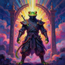 [ style ] [ oil painting ] [ palate ] [ vibrant gothic colors ] 👾 👽 ninja with 🐸 features, vibrant neon nebulous clouds, radiant light rays, photorealistic painting, intricate and fine details, volumetric lighting, artstation, god figure at the gate